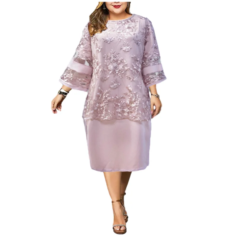 Plus Size Women Clothing New Fashion and Elegant Lace Embroidery Three-quarter Sleeves Solid Color Midi Wedding Party Dress