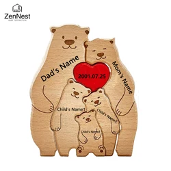 Personalized Bear-Themed Wooden Art Puzzle Decor Gift - Customized (5 members)