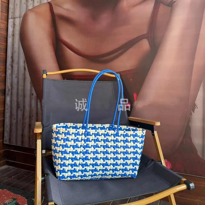 Plastic Woven Women's Handbag Handmade Bohemia Storage Basket Contrast Tote Bag Designer Summer Beach Bag Female Shoulder Bags