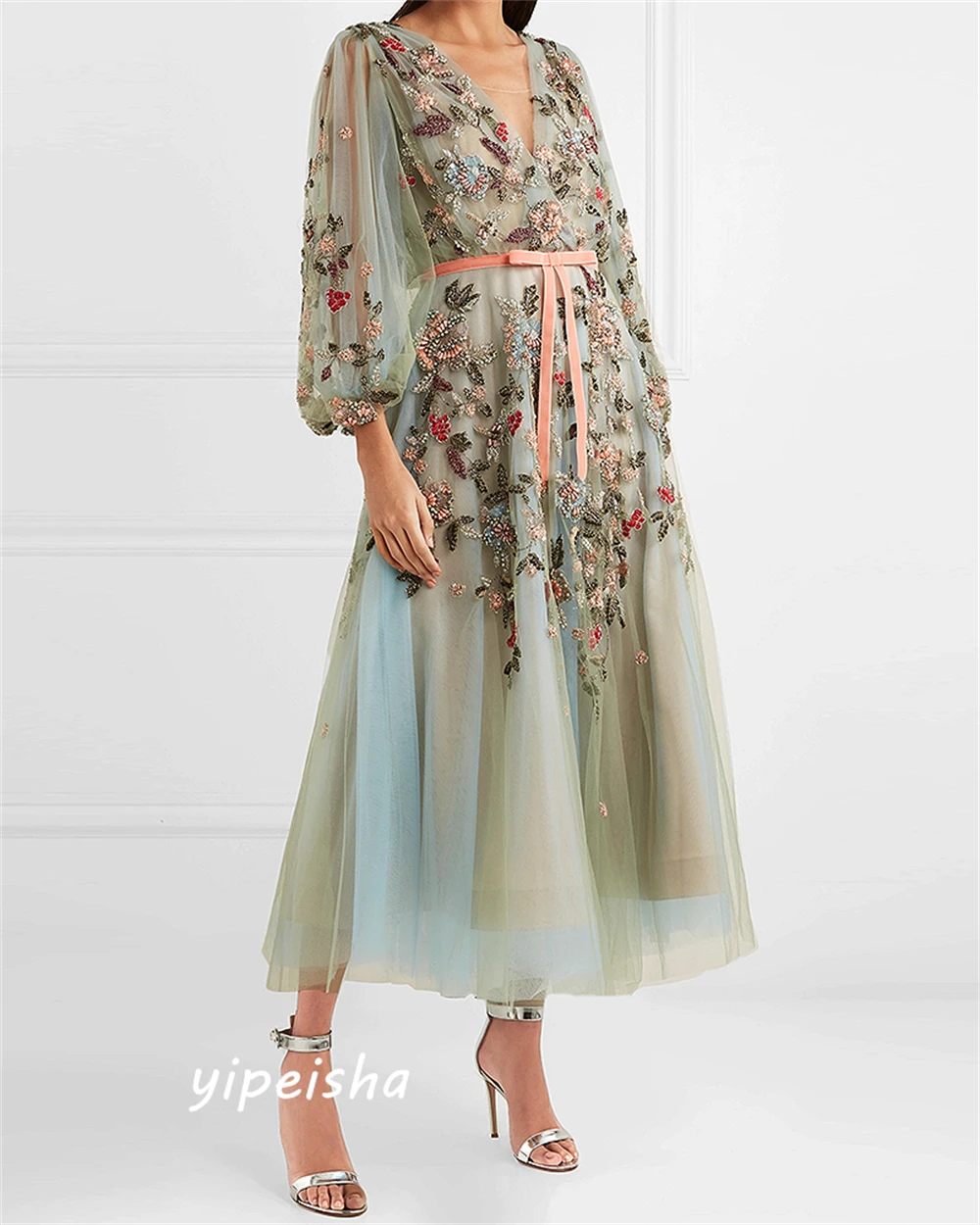 IntricateWomen V-neck A-line Formal Ocassion Gown Applique Bows Anke length Skirts Organza Homecoming Dress فساتين سهره