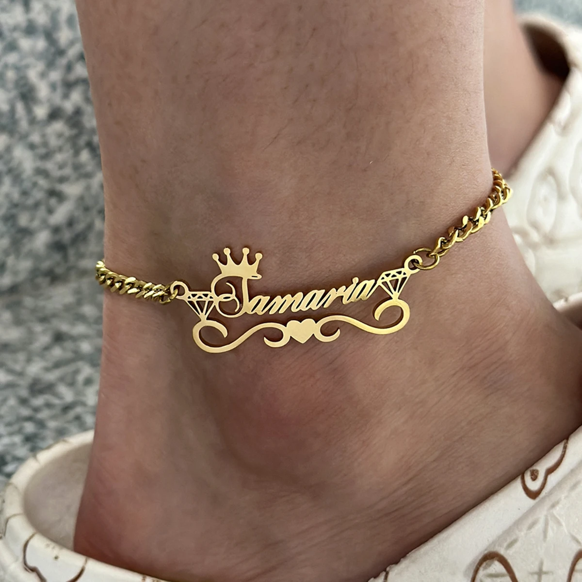 Custom Name Anklet with Crown Personalized Cuban Chain Anklet Stainless Steel Thick Cuban Nameplate Anklet for Women Gift