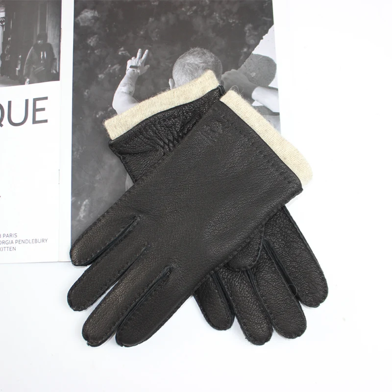 Men's Deerskin Gloves Classic Vintage Hand Sewn Made Warm Wool Knit Liner Driving Leather Gloves Autumn