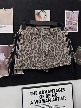 Outlet Leopard Print Rope Bound Denim Skirt Retro Sexy Bodycon A-Line Short Skirt Casual High Waist Summer Dress 4