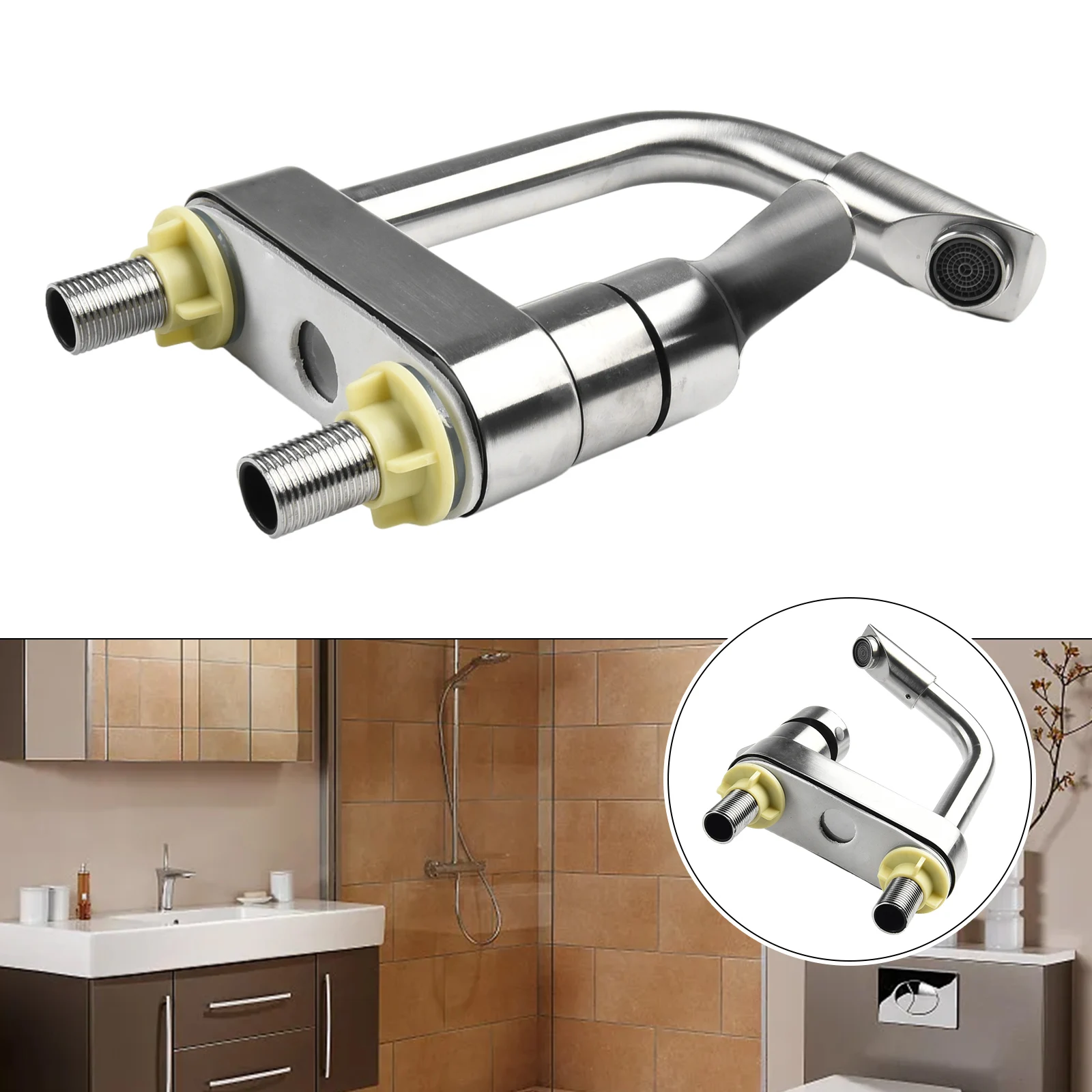 Description Picture 3 of itemStainless Steel Basin Faucet Sink Faucet Tap Cold And Hot Mixer Tap 2 Holes Single Handle Deck Mounted Tap For Kitchen Bathroom