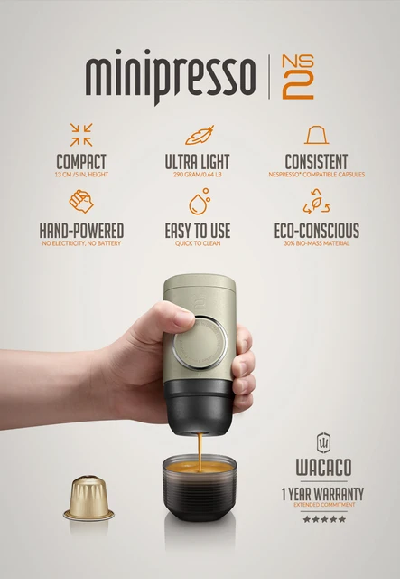 WACACO Minipresso NS2, Macchina Espresso Portatile Compatibile con Capsule  e Compatibili Originali Nespresso, Azionamento Manuale, 18 Bar, per Viaggi,  Campeggio : : Casa e cucina