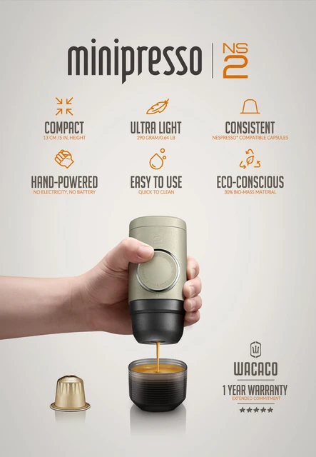 Cafetera Espresso Portátil WACACO® MINIPRESSO NS2 con cápsula Nespresso®clásica  - Café Jurado