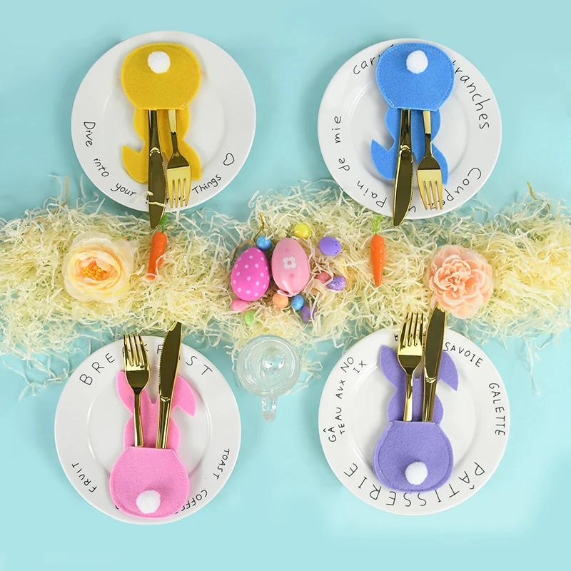 4pcs Easter Cutlery Bag Felt Bunny Rabbit Knife Fork Holder Bags Tableware Spring Easter Festival Party Home Table Decorations
