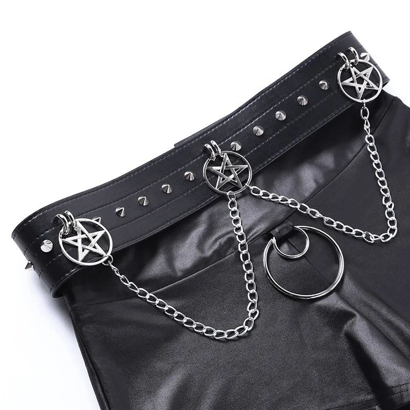 Goth Mall Gothic Faux Leather Sexy Hot Shorts Grunge Aesthetic Bodycon Chain Belt Bottoms Female Night High Raise Alt Short