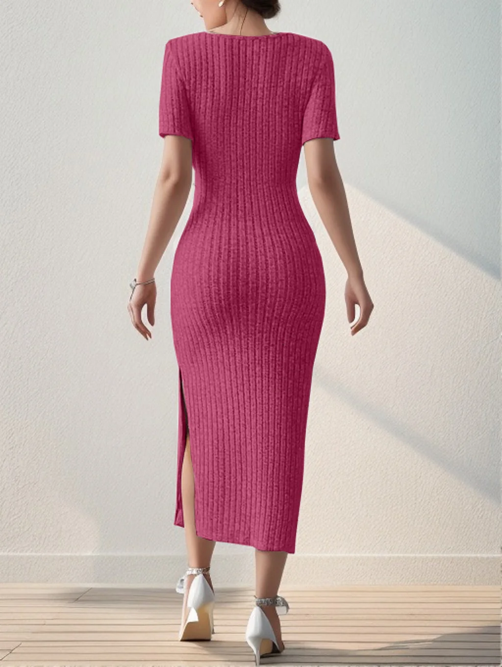 Summer Square Neck, Hip-Hugging Mid-Length Skirt, Short-Sleeved, Versatile Knitted Slit Dress 6