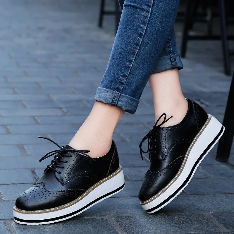 Genuine Leather Shoes Women Flats Oxford Lace Up Striped Platform White Black Fashion Vintage Platform Brogue Shoes Woman 3