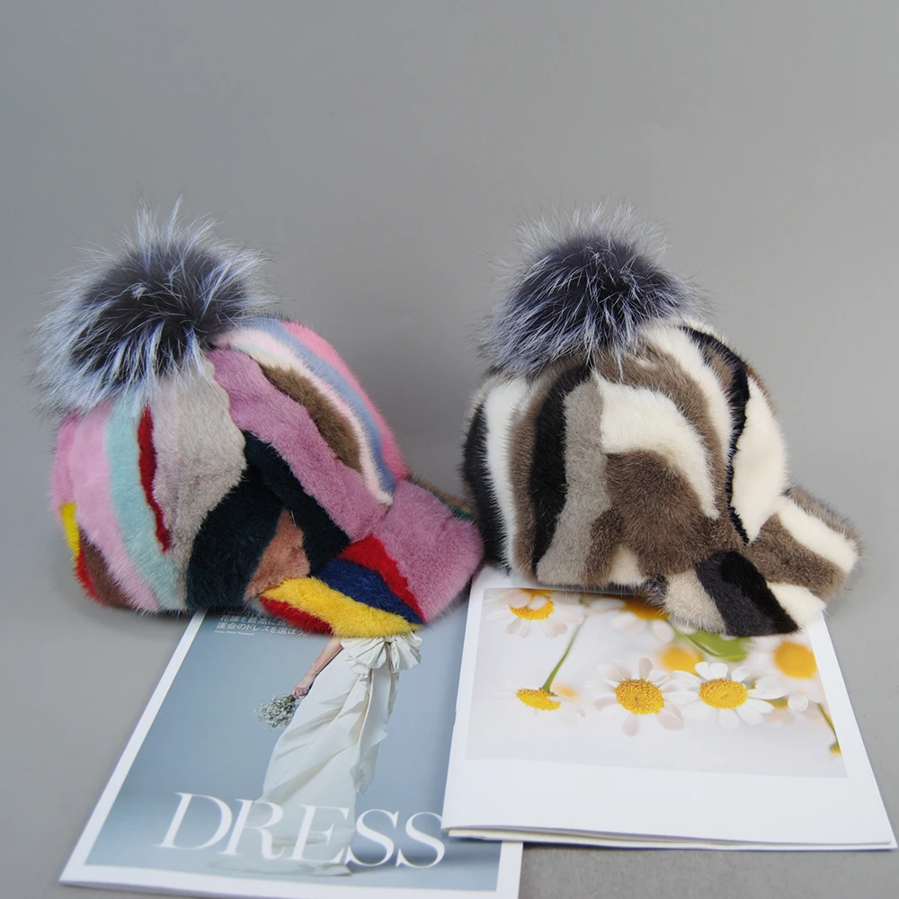 2025 Female Cute Fashion Winter Fox Fur Ball Hat Windproof Colorful Baseball Caps Real Mink Fur Hat Women Thick Warm Russian Cap 6