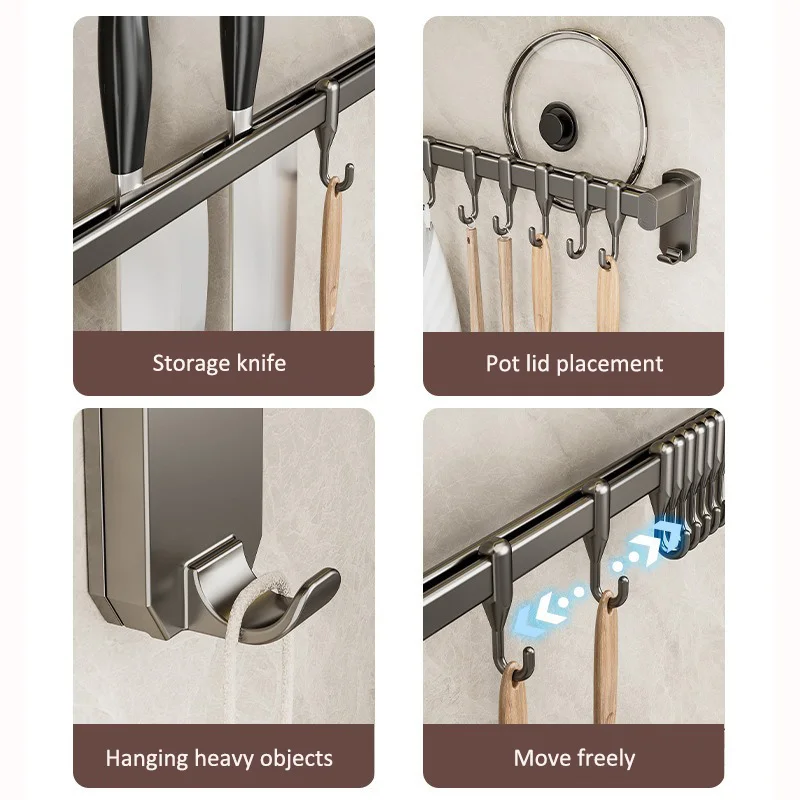Kitchen Storage Rack Non-perforated shelves Wall Mounted with Movable hook Spoon Holder Organizer Kitchen Utensil Accessories 6