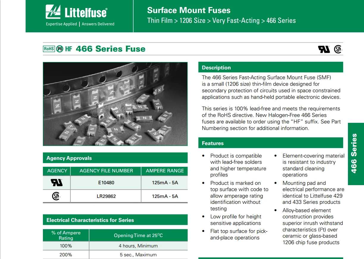 0466.500 SLIM 1206 0.5A SMF FUSE 500mA 63V 0466.500NR SMD Surface Mount Fast Acting Fuses Lead Free Thin Film Marking F