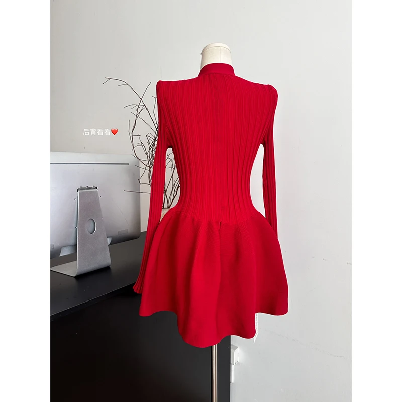 New Women Knitted Elegant V-neck Mini Dress Winter Long Sleeve Korean Single Breasted Sexy Party Ball Gown Dresses Super Short 3