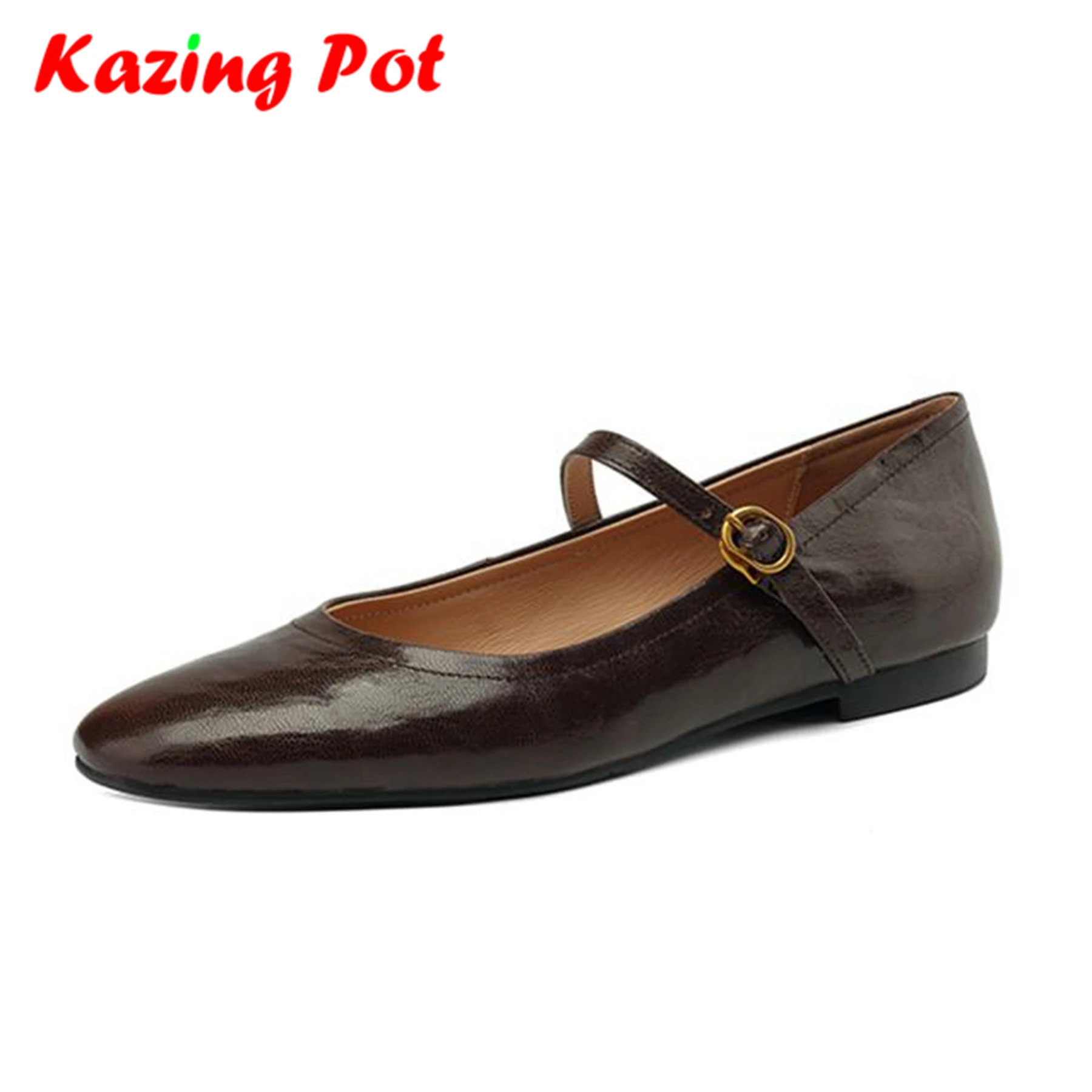 

Krazing Pot Chic Full Grain Leather Round Toe Women Summer Modern Street Wear Ballet Dancer Mary Janes Pleated Decoration Flats