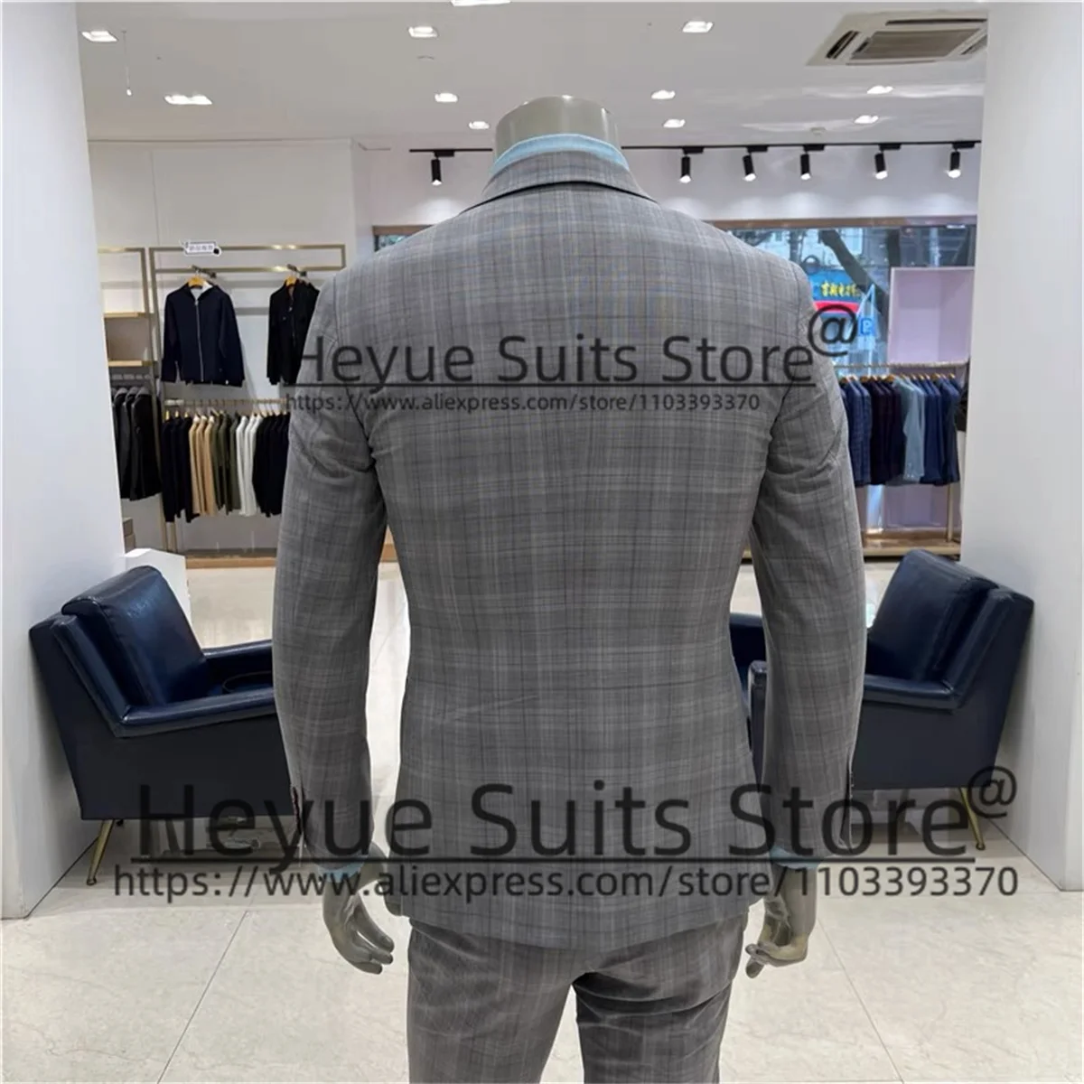Classic Gray Plaid Suits For Men Slim Fit Double-breasted Peak Lapel Groom Tuxedos 3 Pcs Sets Business Male Blazer Costume Homme