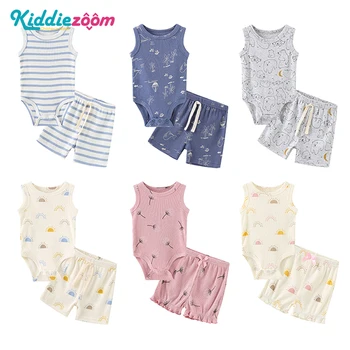 Kiddiezoom Summer Cartoon Sleeveless Newborn Clothes Sets Baby Boy Girl Bodysuits+Pants Cotton Soft Infant Outfits 1