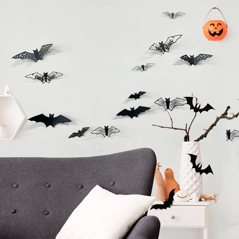 12 ~ 48 Stück Halloween-Dekoration, 3D-Hohlfledermaus-Wandaufkleber, schwarz, für DIY spannende Mottoparty, Horrorhaus, gruselige Dekoration, TMZ – Detail 7