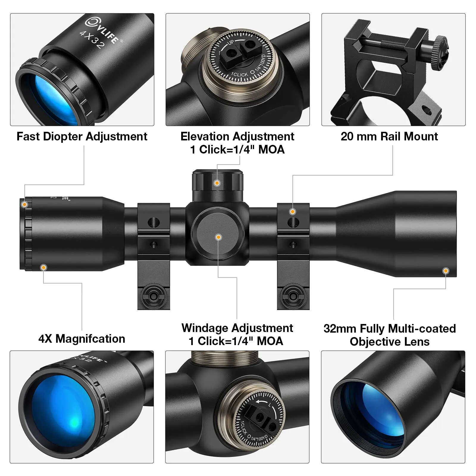 Rifle Scope MidTen 4x32 Compact Crosshair Optics with 20mm Free Mounts Telescope Rail