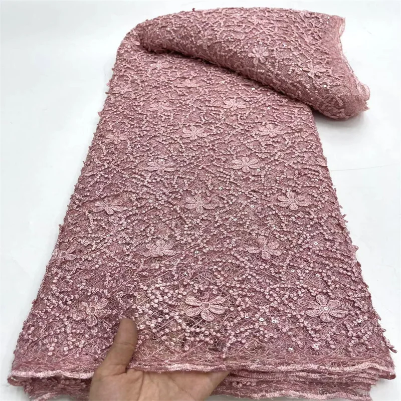 

Pink French Tulle Lace Fabric 3D Flower High Quality 5 Yards Nigerian Women Wedding Dress Sequin Embroidery African Lace Fabric