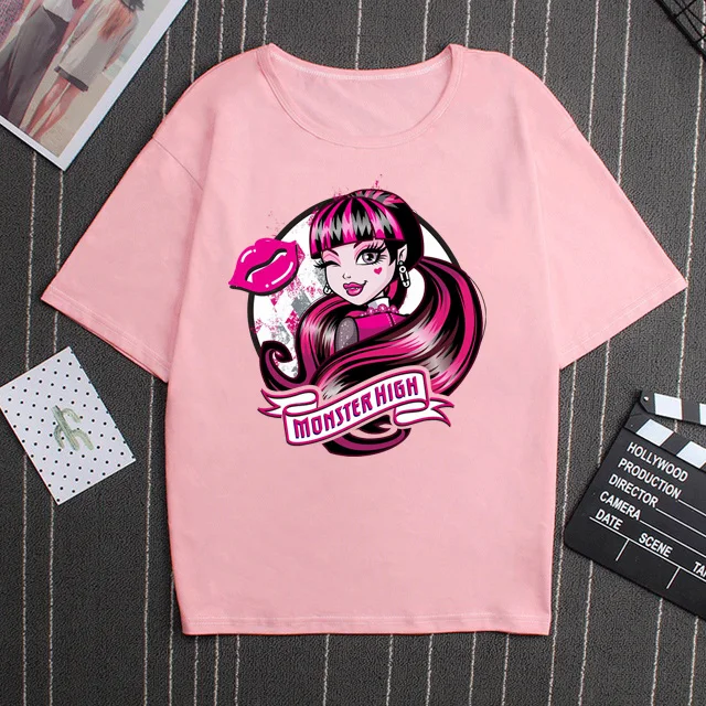 Lagoona Blue Monster High Classic Tshirt Kawaii Women Pink Magic Cartoon Vintage Printed Shirt Vintage Style Cotton Streetwear