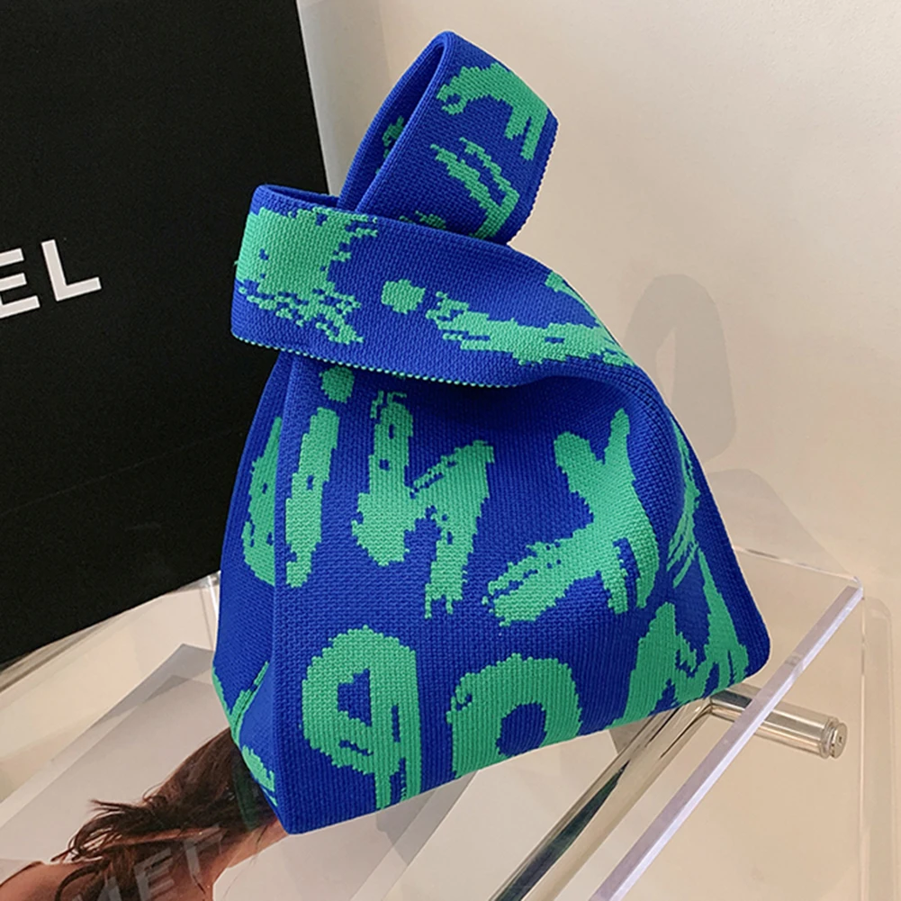 여성용 매듭 손목 가방 탑 핸들 가방 그래피티 니트 토트 백 쇼퍼 지갑