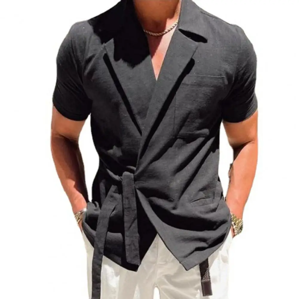 

Men Summer Top Solid Color Short-sleeved Shirt Suit Lapel Strap French Tie Waist Shirts for Gentleman Loose Casual Top