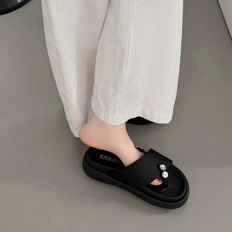 2024 Thick-soled Sandals Women's Shoes Summer New Rhinestone Clip-toe Flat Beach Slippers Wearable and Versatile Women's Sandals
