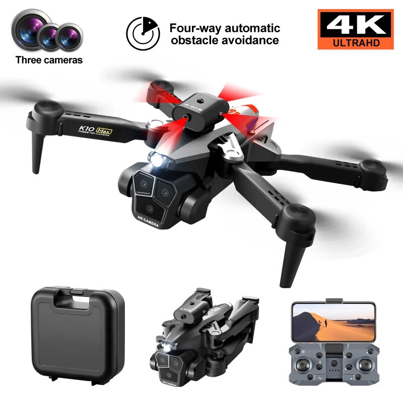  Professional Drone K10 4k Three Lens HD Aerial Photography WiFi 360° Aerial Stunt Optical Flow Obstacle Avoidance RC Drone Toy 