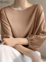 ZANZEA Summer 3/4 Sleeve Satin Blouse Women's Tops Tunic Solid Loose Blusas Femme Work OL Shirt Oversize Chemsie All Match Mujer
