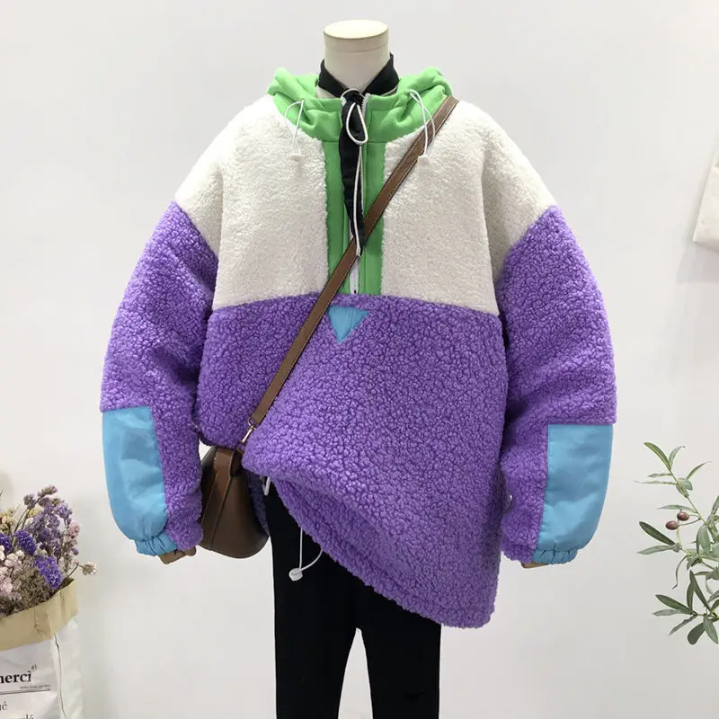 Winter Fashion Keep Warm Splicing Women Hoodie Coat Lady Sweatshirt Half Zipper Harajuku Stitching Lamb Wool Pullover Tops
