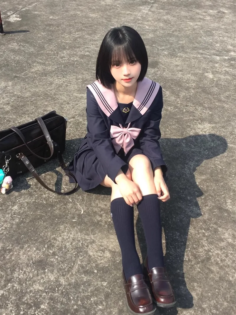 2024 New Japanese JK Sailor Suit Milk Tea Color Long Sleeved Top And Short Skirt Outfits Preppy Style Lolita Versatile Girl Sets