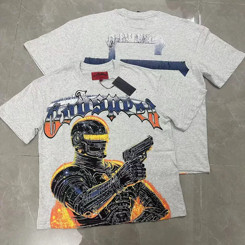 실제 사진 해골 프린트 블루 탑 GODSPEED 반팔 티셔츠 힙합 남녀 스트리트웨어 클래식 패션 당일 배송
