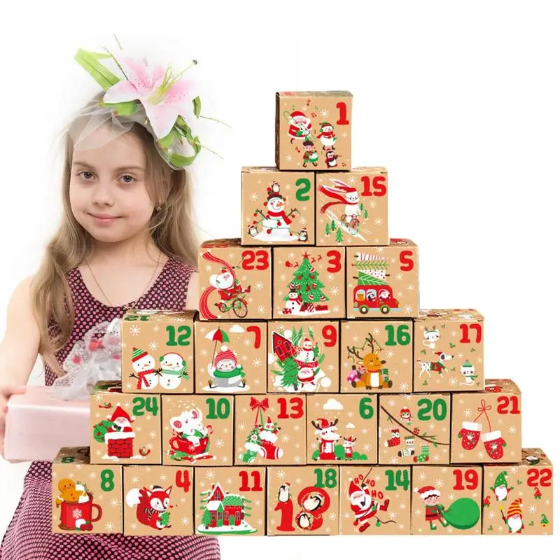 1-24 Christmas Advent Calendar Gift Box 24Pcs Xmas New Year Candy Cookies Kraft Paper Wrapping Box Christmas Gift