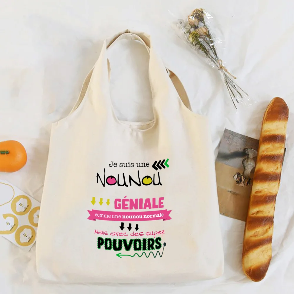 Thank You Nounou French Print Shoulder Bag Canvas Tote Bag Female Harajuku Handbags Women Reusable Shopping Bags Gift for Nounou shopping bag tote bags storage bags canvas bag canvas bags gift bag