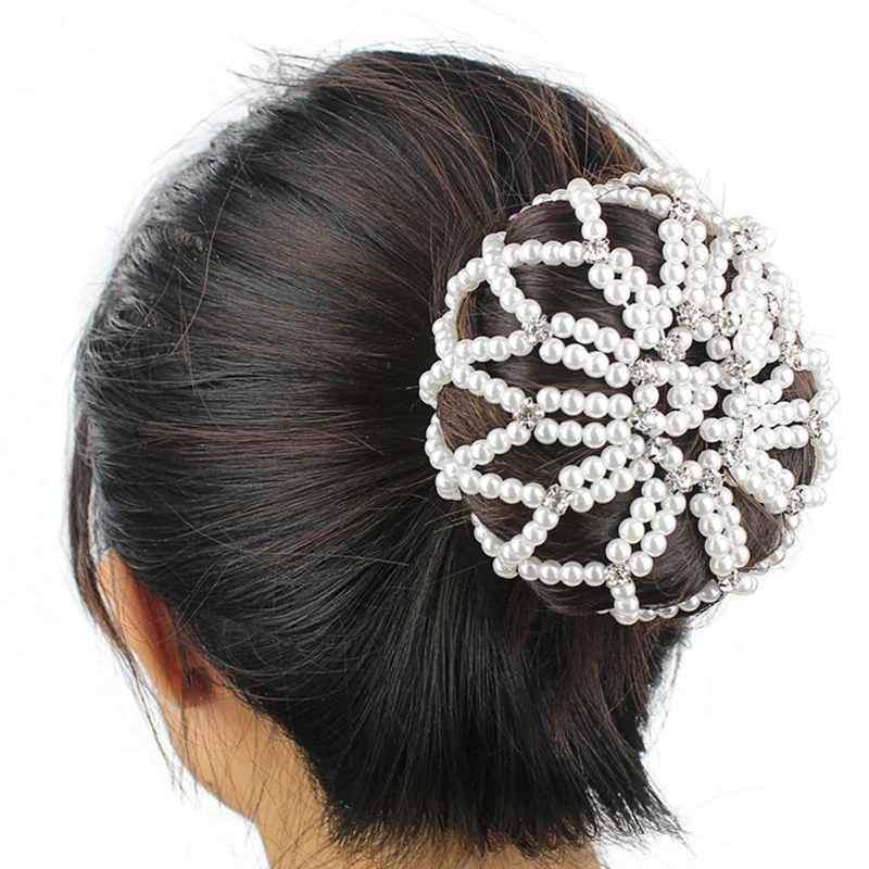 Crystal Hair Bun Covers Pearl Elastic Hair Net Ornament Crochet Handmade Hair Snood Ballet