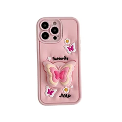 Charming 3D Butterfly Folding Stand Silicone Phone Case - Cute and Stylish Back Cover - iPhone 15 (Pink)
