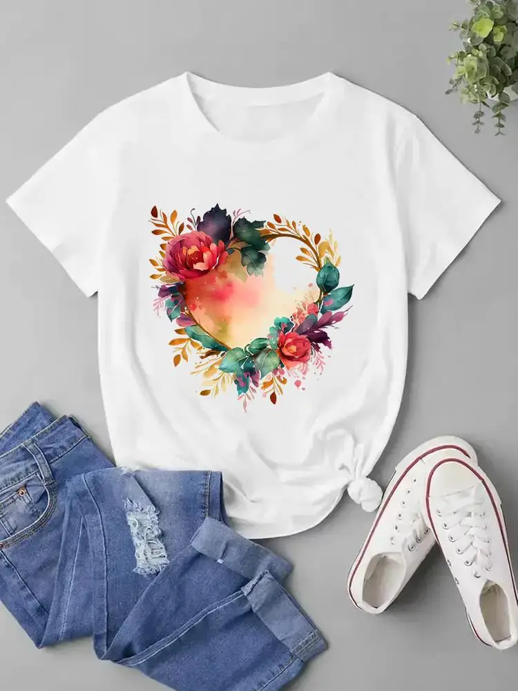 

Love Heart Flower Sweet 90s Short Sleeve Clothing Fashion O-neck T Shirt Graphic T-shirts For Women Print Tee Top Womens Clothes