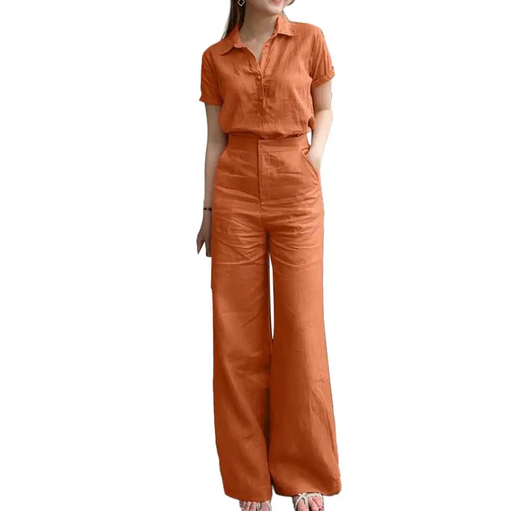 Button-zip Closure Pants Suit Stylish Women's Lapel Shirt Wide Leg Pants Set with High Waist Pockets 2 Piece Suit for Ladies