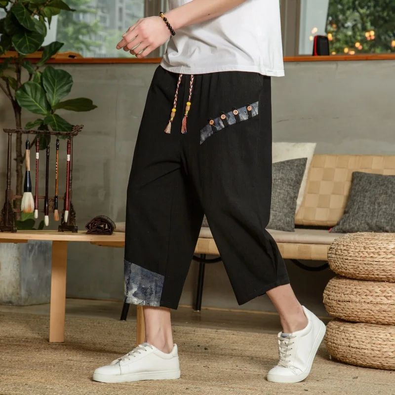 

TPJB Japanese Cotton Linen Harem Pants Men Summer Breathable Linen Cropped Pants for Men Casual Elastic Waist Fitness Pants