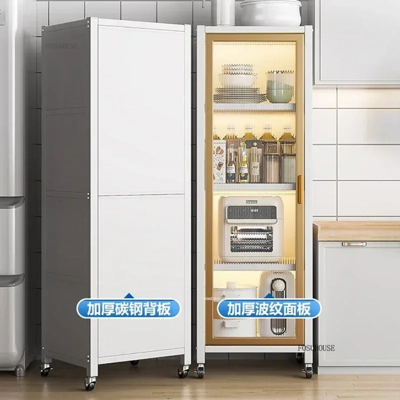 Nordic Metal Kitchen Cabinets Multi-layer Storage Rack with Wheels Refrigerator Seam Cabinet Home Cupboard Storage Cabinet