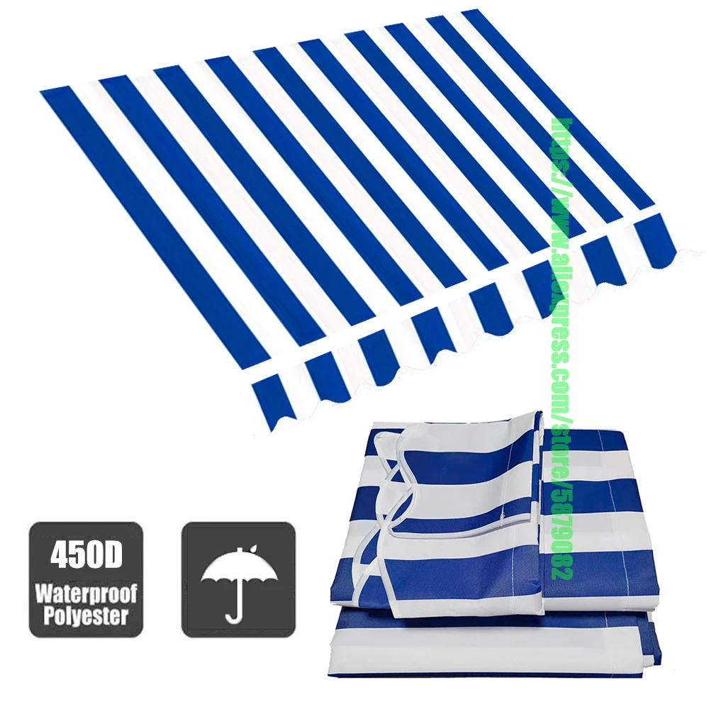 Blue+White Strips 450D Poly Fabric Outdoor Awning Canopy Replacement Cloth Waterproof Tailor With Sleeve Store Banner UV Block