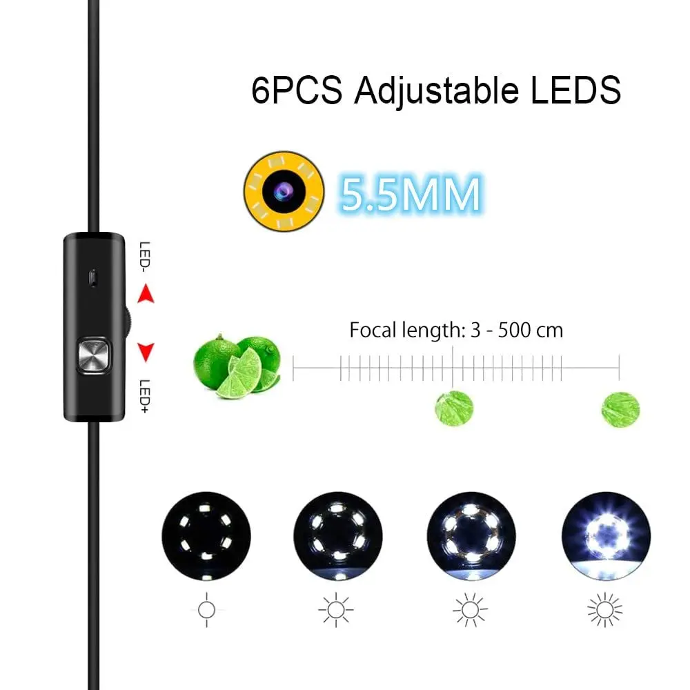 USB Industrial Endoscope 6 LED Lights 5.5mm Probe IP67 Waterproof Pipe Inspection Camera for Measuring Pipes Underwater Viewing 3