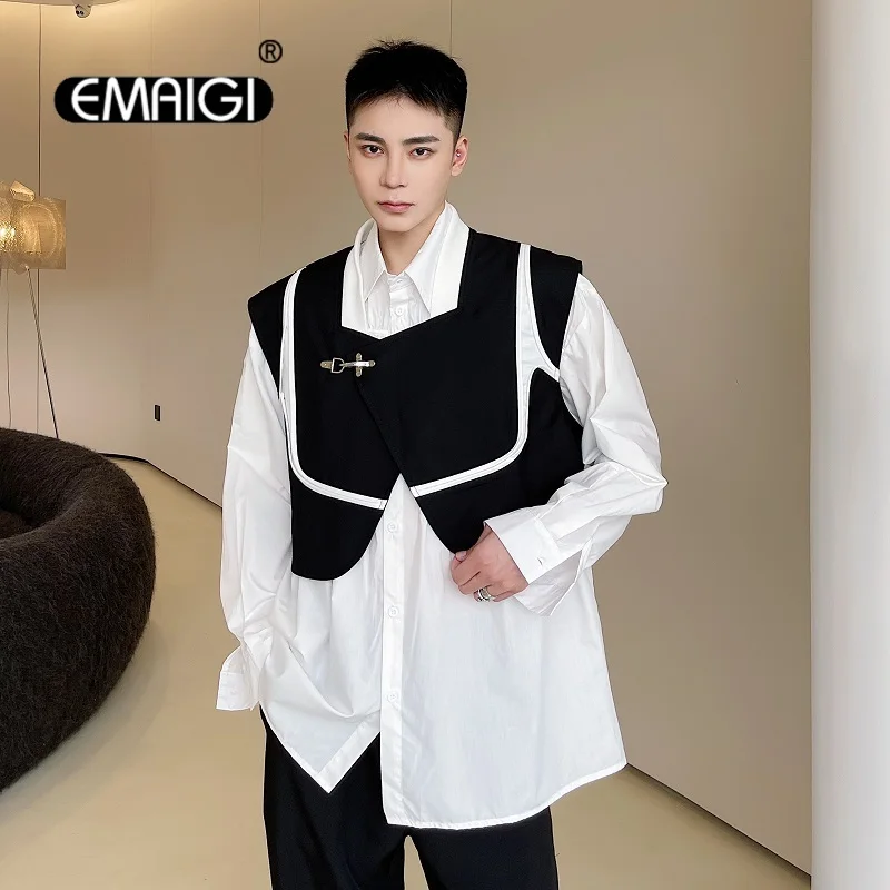 Metal Button Vest Men Women Splice Fashion Casual Short Vest Coats Unisex Korean Streetwear Sleeveless Jacket Waistcoat Man