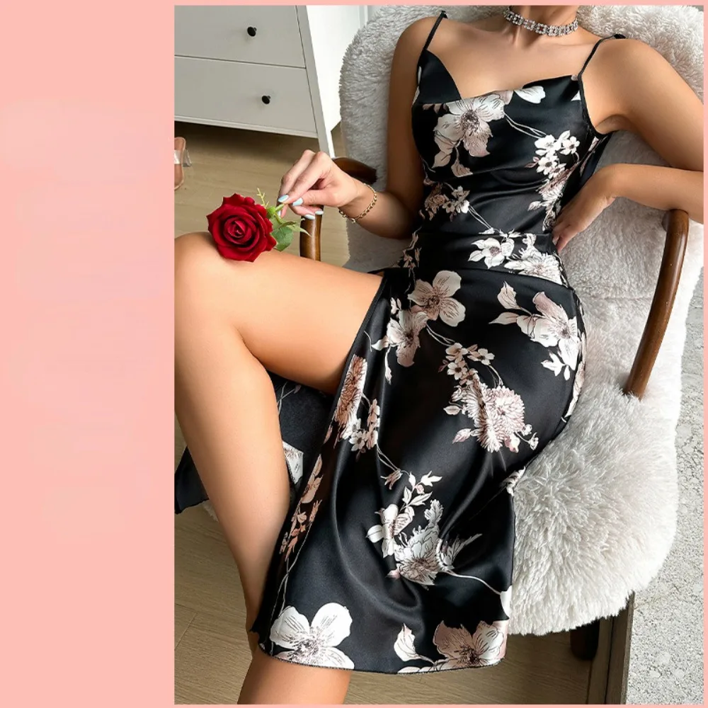 Luxury Brand Silk Nightgowns Women Sexy Sleepwear Floral Printed Loungewear Pajamas Summer Nightwear Women Clothing Backless