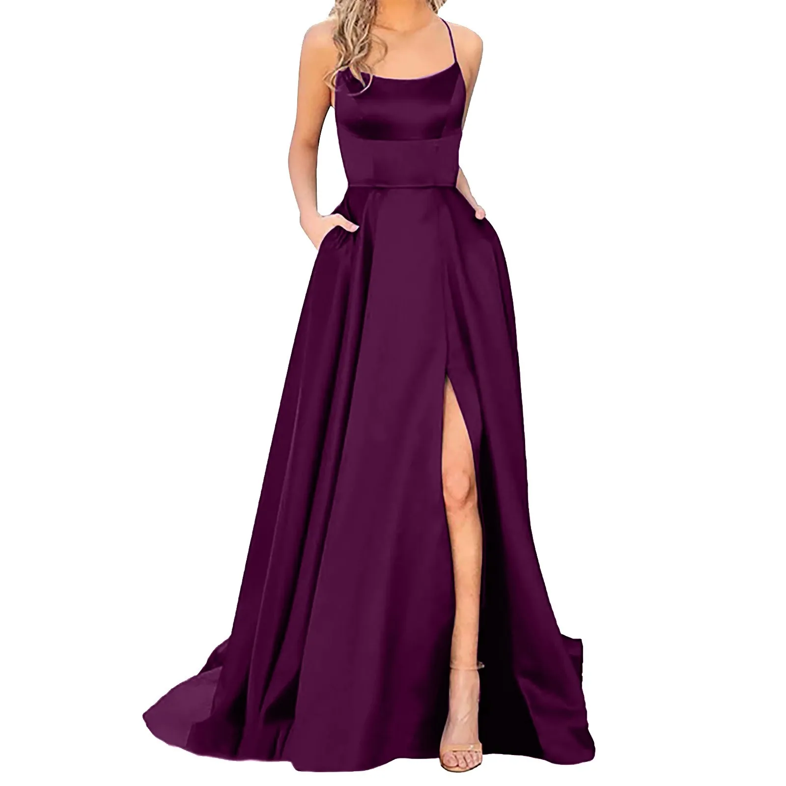 

Dress For Women 2024 Elegant Fashion Solid Color Spaghetti Strap Side Slit Maxi Dresses Loose A-Line Formal Party Sundress