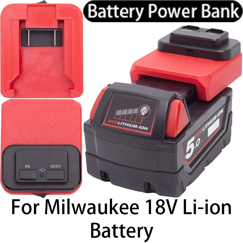 Battery power bank for Milwaukee 18V Li-ion battery with USB/Type