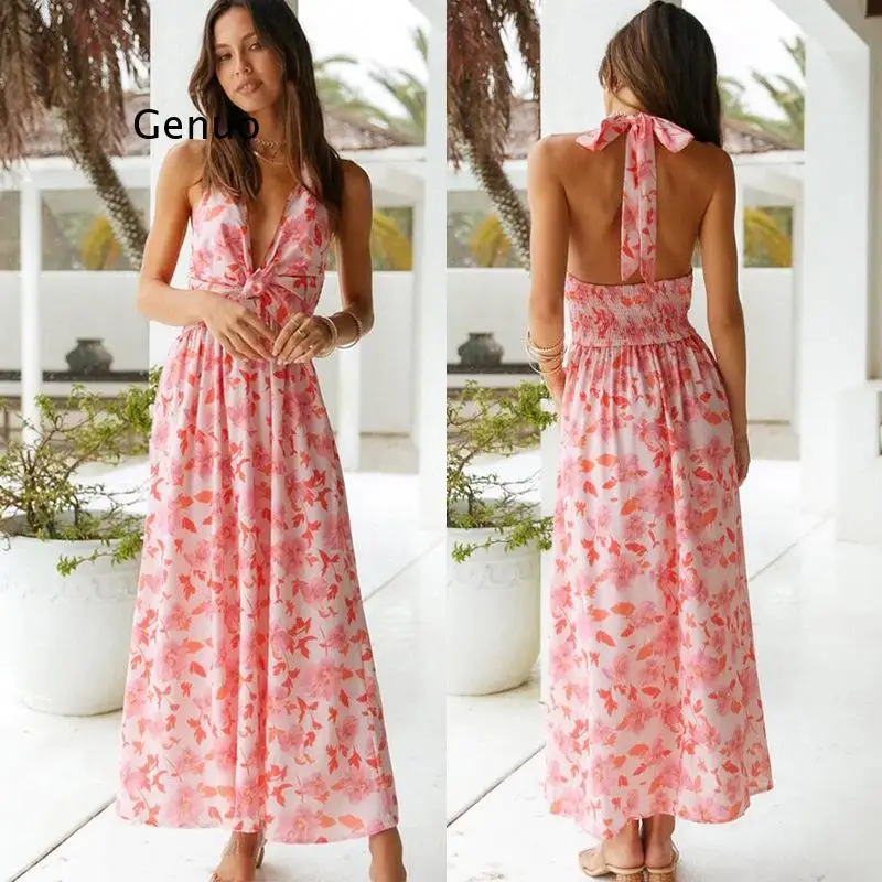 

Swim Suit Cover Up Beachwear 2022 Summer Swimwear Women Sexy Backless Chiffon Dress Bohemian Saida De Praia Floral