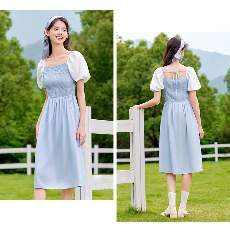 Dress Women Color-Blocking Puff Sleeves Sweet and Elegant Temperament Autumn Hepburn Style Tight Retro Skirt