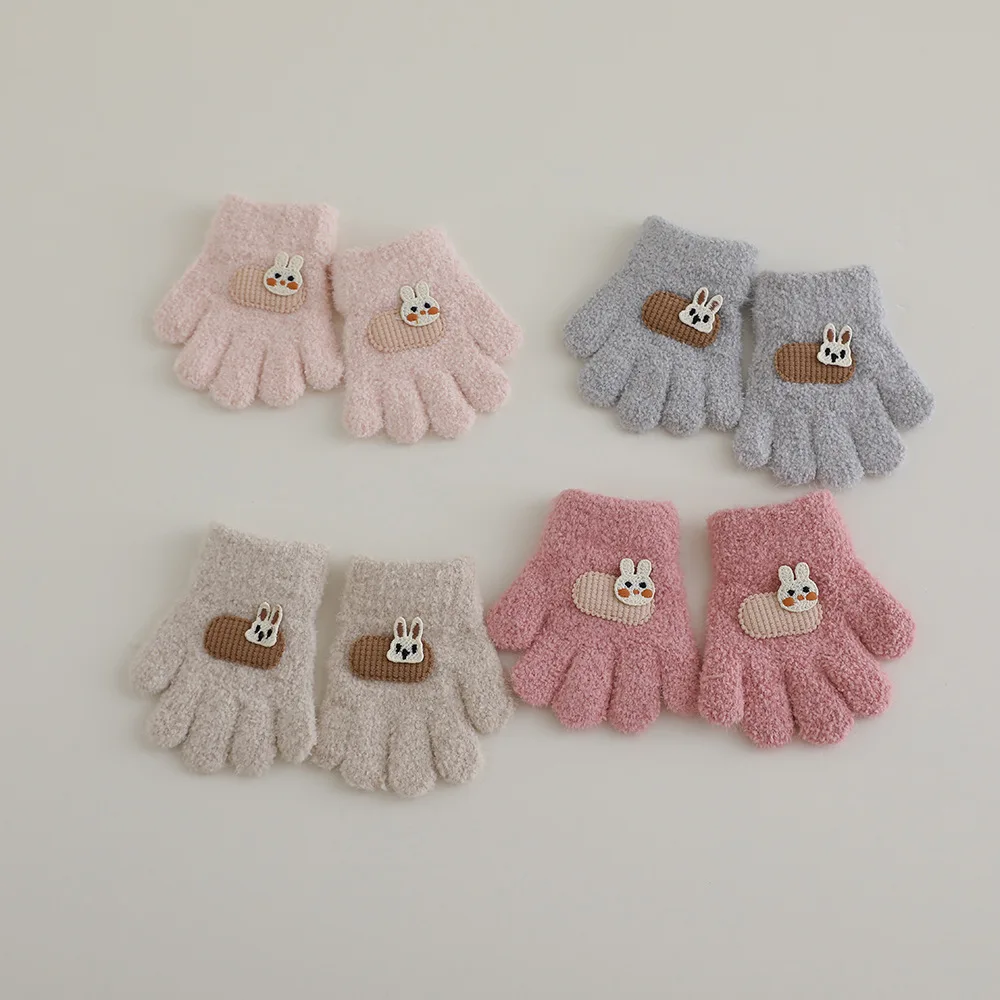 Autumn Winter Warm Thicken Girls Baby Gloves Bunny Cartoon Kids 1-3Y Five Fingers